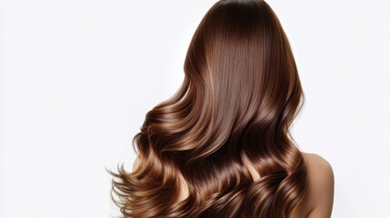 Naklejka premium Beautiful model girl with Brown hair strand,silky healthy chestnut wavy hair strand isolated on white background,hair wavy ribbon, with smooth texture,vibrant shine,brunette hairpiece, hairy ribbon.