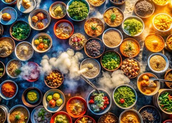 Fototapeta premium Aerial View of Colorful Noodle Soup Bowls, Street Food Market