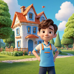 Boy standing at the 2-storey house at his Back with tree and cloud  whimsical cartoon style 