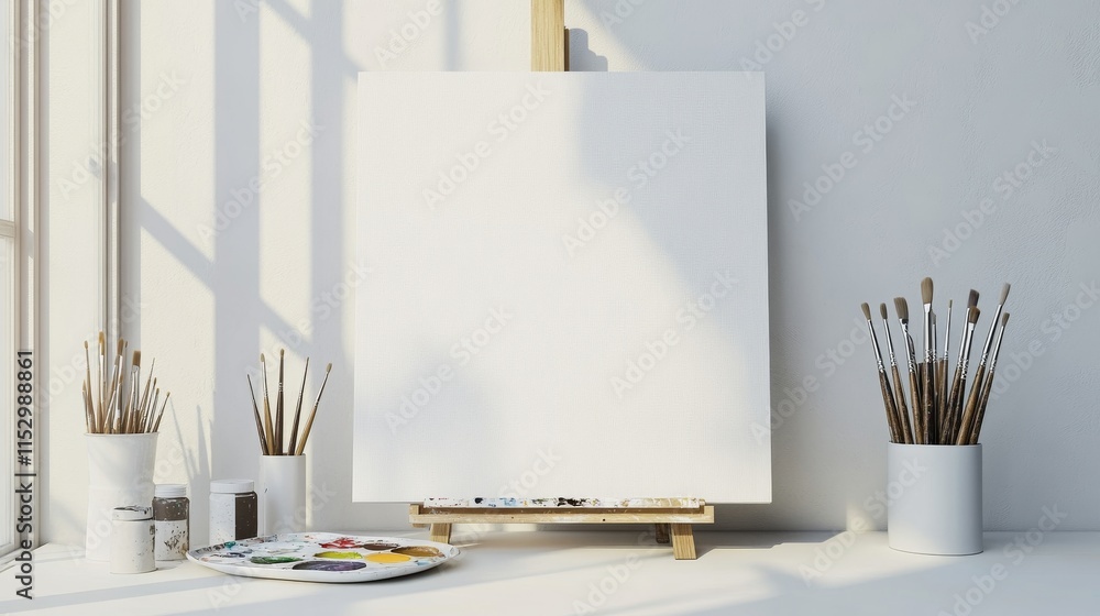 Poster A pristine art studio with paintbrushes and a palette neatly arranged beside a blank canvas, A well-lit room with clean walls and ample natural light, Minimalist artistic style