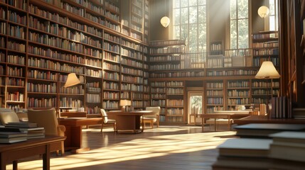 Obraz premium Modern library or bookstore interior with Learning and coworking space,relax zone,Library with rows of bookshelves arranged,school,university,shared desk and chairs,panoramic window.