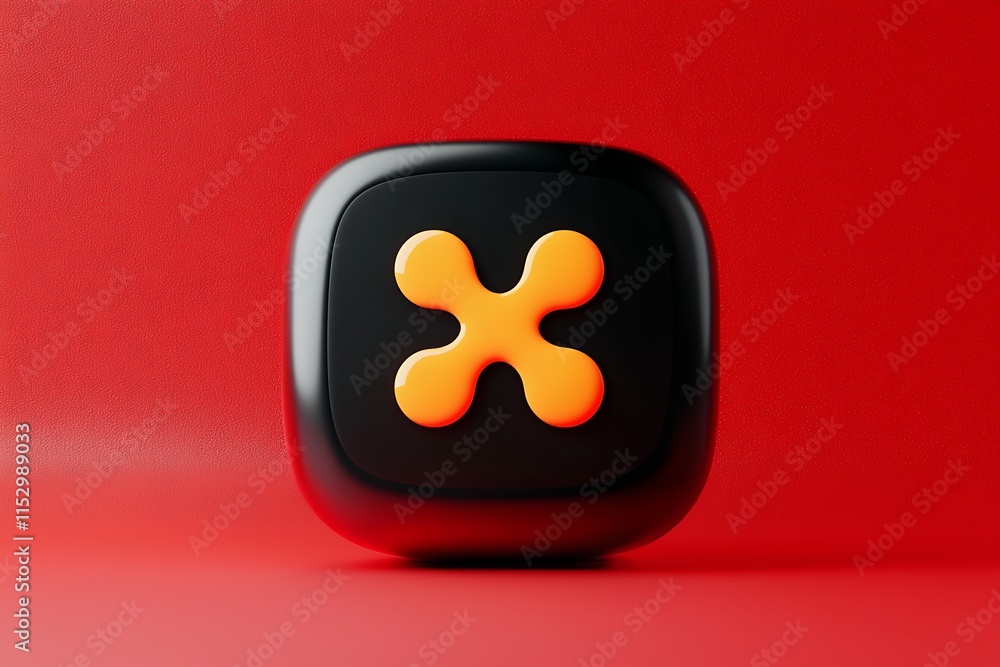 Poster three-dimensional render of a stylized orange x symbol on a black button.
