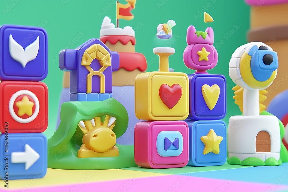 Poster colorful 3d render of stacked blocks featuring cartoon icons and characters