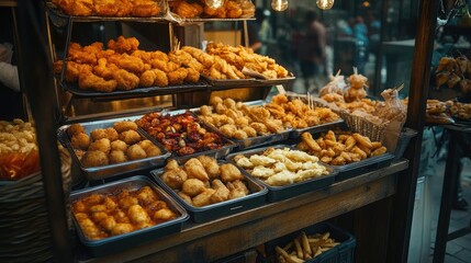 Delicious Variety of Crispy Golden Fried Snacks Displayed in Outdoor Market Stall, Inviting Passersby to Sample Flavorful Treats
