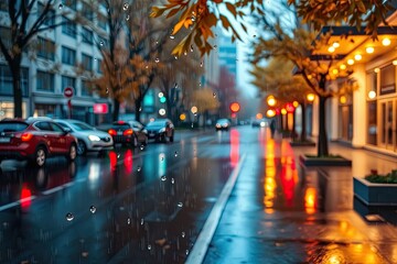 Rainy City Street Scene, rain, city, street, urban, car, traffic, road, wet