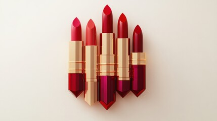 Obraz premium A luxurious layout of seven lipsticks in red and rose hues, their golden accents forming a geometric arrangement on white