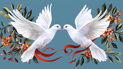 Obraz premium Pair of Graceful White Doves Perched on Autumn Foliage with Berries