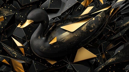 A surreal black and gold duck form with smooth 3D edges, floating amidst Memphis-inspired triangles and dynamic lines