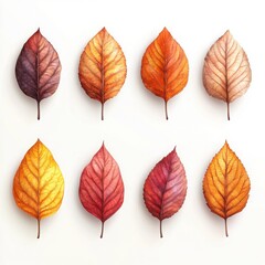 An artistic arrangement of colorful autumn leaves on a white background.