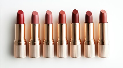Seven luxurious lipsticks in rich red and soft rose tones, laid flat with golden accents, isolated on a clean white background