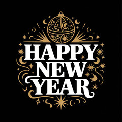 Happy New Year Illustration with Typography Letter and Ornamental Ball on Black Background

