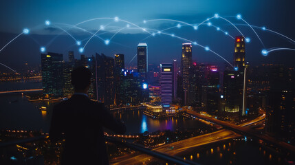 Obraz premium Smart digital city with connection cyber security network reciprocity over the cityscape . future smart wireless digital city and social media networking systems that connects people within the city