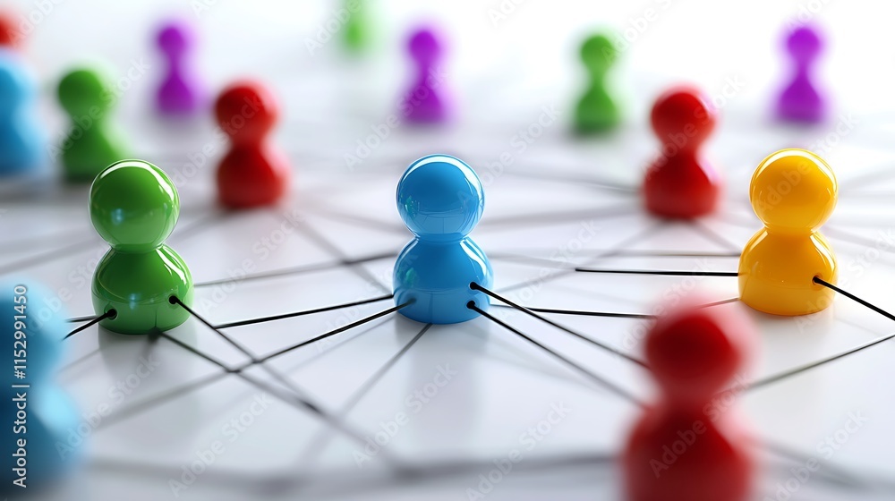 Poster abstract image network of interconnected colorful figures for symbolizing collaboration connection.