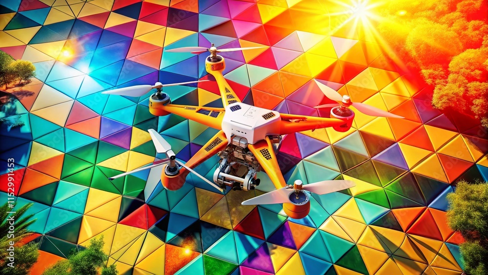 Poster aerial view of geometric triangular buttons on a colorful surface