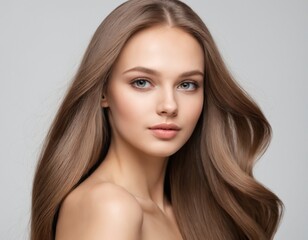 Fototapeta premium Portrait of a beautiful young woman with clean, fresh skin and long, thick hair. ai generator