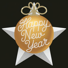 Happy New Year Illustration with Typography Letter and Ornamental Ball on Black Background
