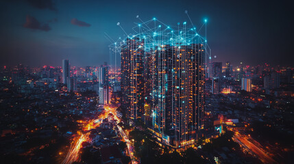 Obraz premium Smart digital city with connection cyber security network reciprocity over the cityscape . future smart wireless digital city and social media networking systems that connects people within the city