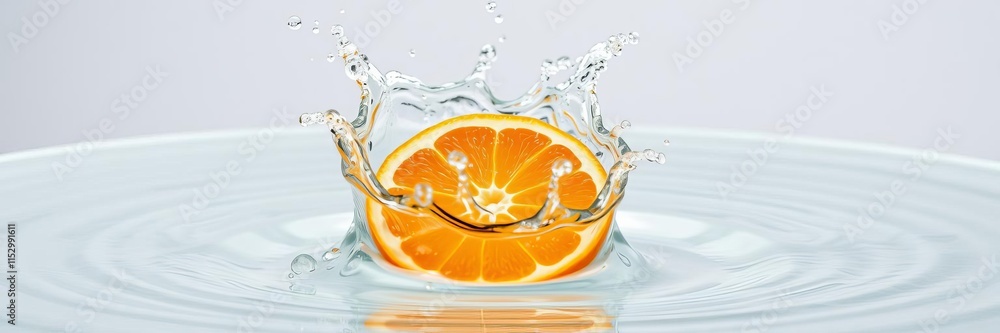 Poster fresh orange slice dropping into water creating a splash on a white background, circular motion, cir
