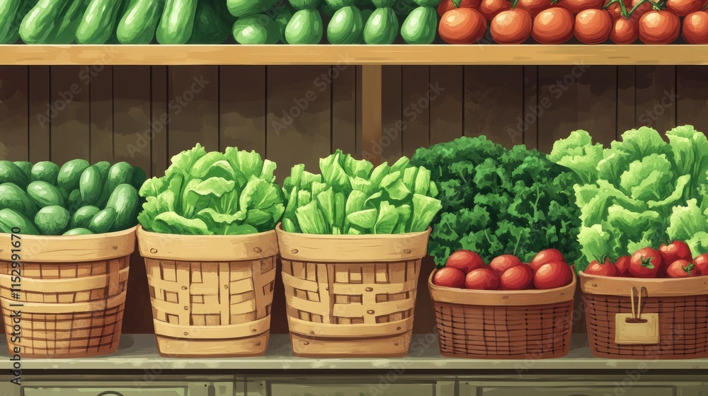 Aufkleber fresh and vibrant display of assorted vegetables and greens in a rustic market setting with baskets 