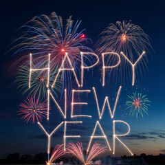 A fireworks display in the night sky spelling out the words happy new year

