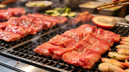 Fresh raw beef slice and assorted seafood being grilled on a Japanese yakiniku stove, barbecue, traditional