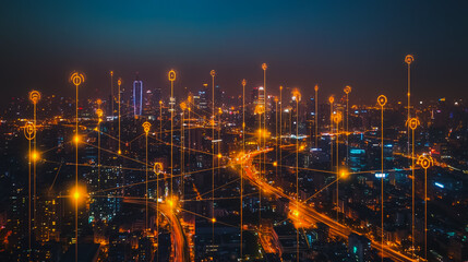 Naklejka premium Smart digital city with connection cyber security network reciprocity over the cityscape . future smart wireless digital city and social media networking systems that connects people within the city
