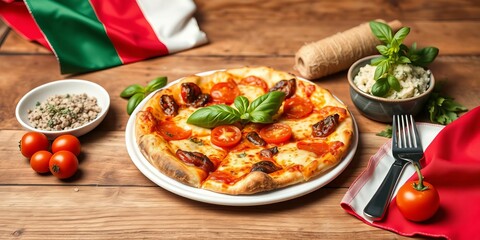 Freshly baked pizza with basil on wooden table, Italian flag background, lunch, traditional