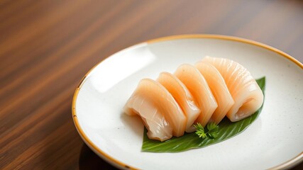 Freshly sliced raw scallop sashimi served on a traditional Japanese plate with garnishes, cuisine, delicacy