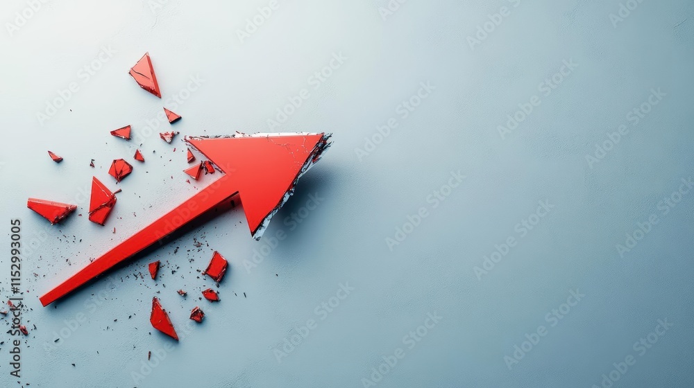 Poster A broken red arrow descending into shards, minimalist aesthetic, monotone palette, abstract symbolic design