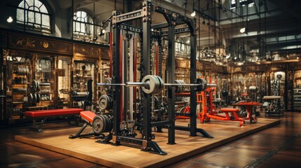 Naklejka premium A Luxurious Vintage Gym Interior: Classic Strength Training Equipment in a Grand Setting