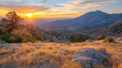 Obraz premium Breathtaking sunset view over mountains and golden grass fields, perfect for nature lovers.