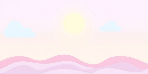Pastel sunset landscape with soft pink hills, light yellow sun, and fluffy white clouds.