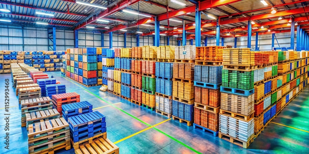 Poster aerial view of massive warehouse with stacked pallets and boxes - ample copy space