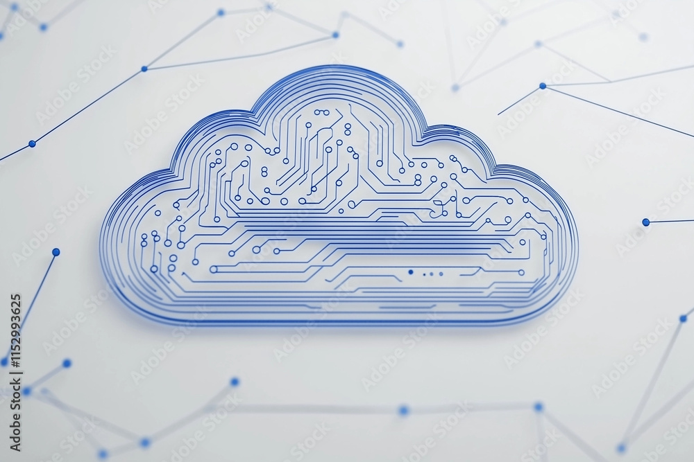 Poster abstract cloud computing technology – blue wireframe graphics and nodes on white background, digital
