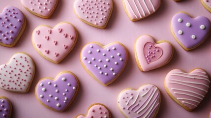 Fototapeta premium Valentine's Day cookies. Happy mother's day. A variety of heart-shaped cookies decorated. Pink Heart Shaped Cookie. Beautiful Cookie. Perfect cookie for celebrations. Valentine's background