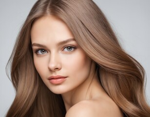 Naklejka premium Portrait of a beautiful young woman with clean, fresh skin and long, thick hair. ai generator