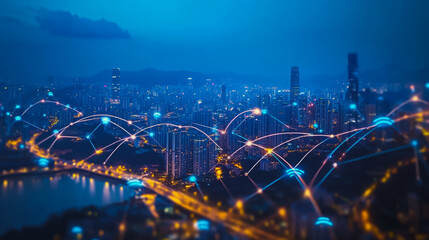 Obraz premium Smart digital city with connection cyber security network reciprocity over the cityscape . future smart wireless digital city and social media networking systems that connects people within the city