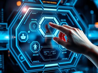 Futuristic digital interface with touch interaction featuring holographic display and interactive controls, future, futuristic interface