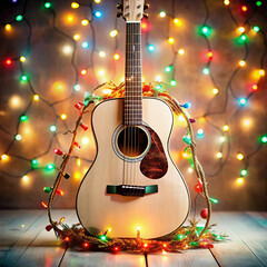 Fototapeta premium A festive Merry Christmas scene featuring a guitar wrapped