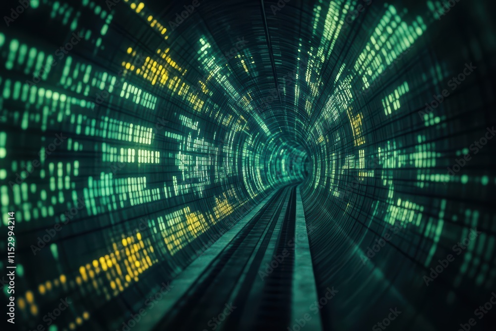 Poster a dark cyberspace tunnel filled with cascading binary streams, glowing green and yellow hues, 3d per