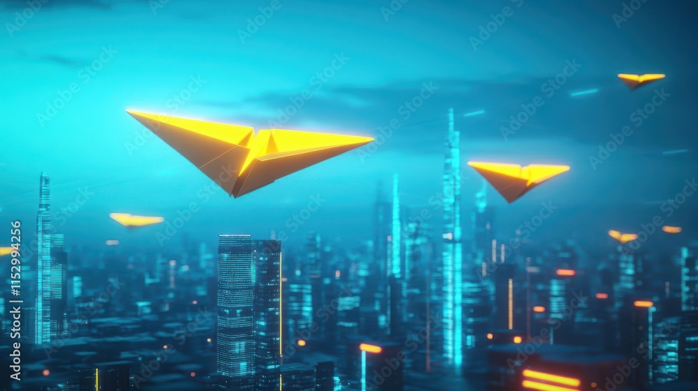 Poster a cyberpunk city skyline with large yellow paper planes made of neon lights soaring above, symbolizi