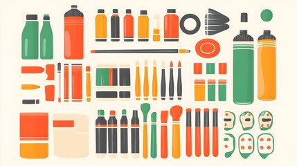 Creative art supplies arrangement studio workspace graphics colorful environment overhead view artistic concept