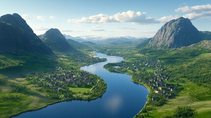 Serene River Valley Village Nestled Between Mountains