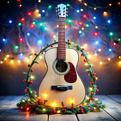 A festive Merry Christmas scene featuring a guitar wrapped