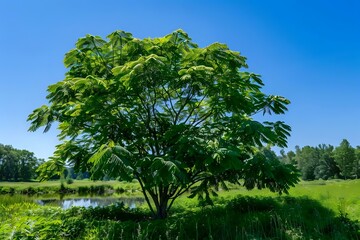 Obraz premium Lush Green Tree Thrives Near Calm Pond Under a Vivid Blue Sky, Tranquil Nature Scene, Serene Landscape in Summer