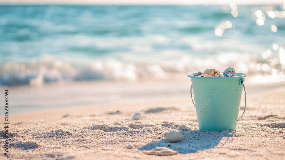 Poster A pristine beachcombing setup with a bucket and beach finds neatly placed on the sand, A sunny beachfront with gentle waves and soft sand, Minimalist leisure style
