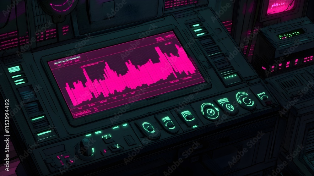 Poster analyzing digital frequencies cyber lab visual data tech environment close-up sound analysis
