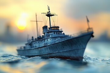 Obraz premium A detailed model ship sailing at sunset.