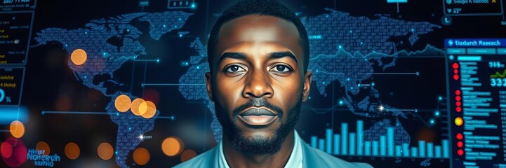 Futuristic holographic interface displaying global communication data analysis with African woman's face overlay, networking, overlay