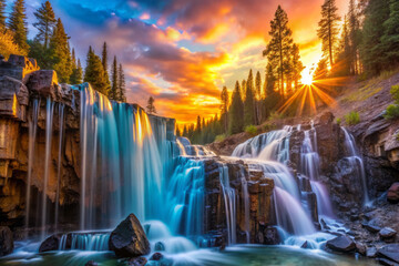 Breathtaking waterfall cascading over rocks, surrounded by lush trees and vibrant sunset sky. scene captures beauty of nature colors and tranquility